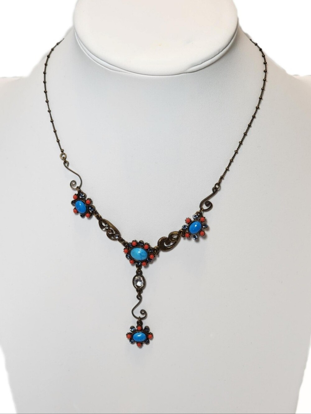 Ollipop Turquoise Orange Glass Crystals Antiqued Goldtone Necklace GORGEOUS